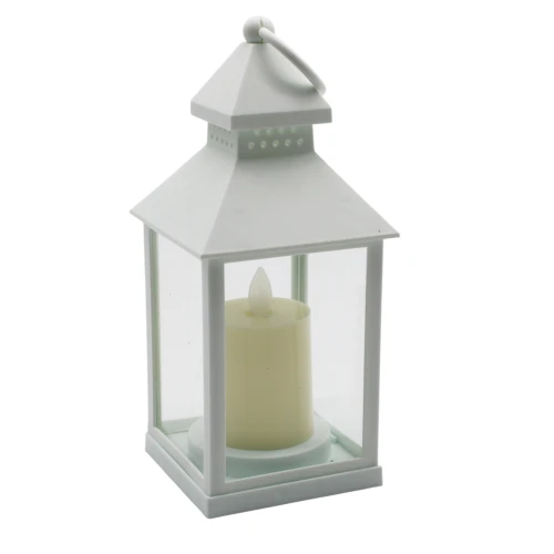 LED lanterne med flammeeffekt - Hvit, firkantet, batteri, IP54 innendørs/utendørs