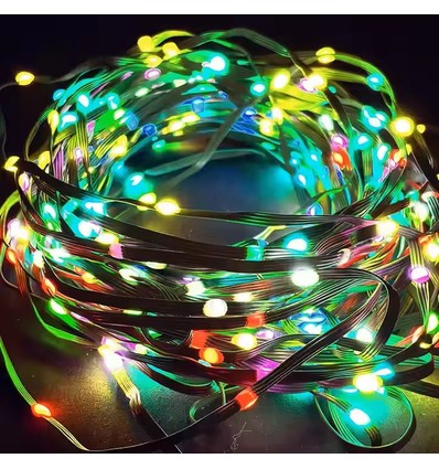 10 m. RGBIC LED-lyskjede - 100 LED, grønn ledning, fjernkontroll + Bluetooth, 5V USB