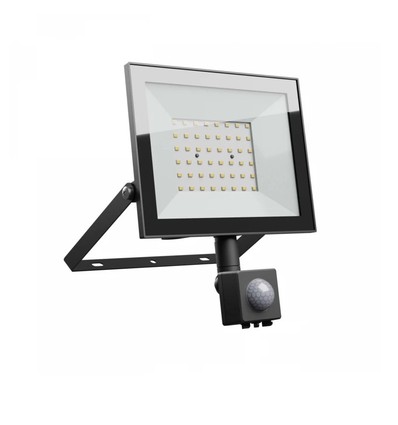 50W lyskaster med sensor - IP44, sort, arbeidslampe, PIR-sensor