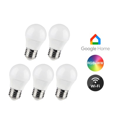 5 stk. E27 5W Wifi LED-pære - G45, Tuya/Smart Life, fungerer med Google Home
