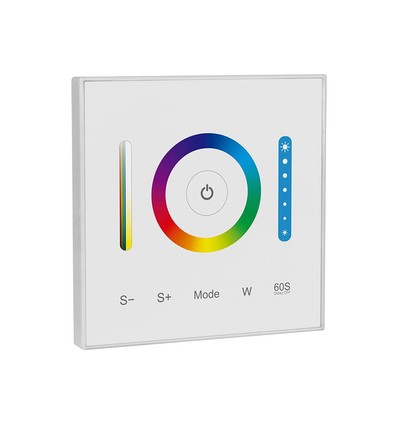 3-i-1 veggcontroller til RGB / RGBW / RGB+CCT - 12V-24V, RF 2.4GHz, 86x86mm, hvit, touch panel
