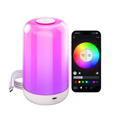 Oppladbar RGB+CCT LED bord/nattlampe - Bluetooth, Hvit, touch dimbar, IP20 innendørs