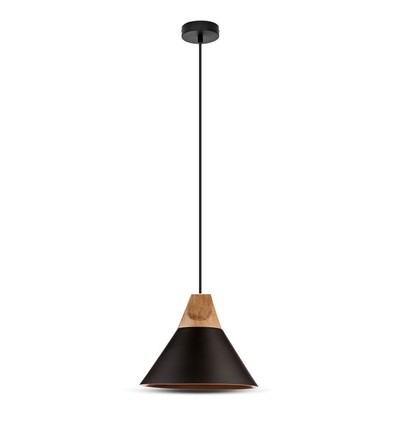 Ø26cm pendel i aluminium med tretopp - E27 sokkel, max 60W, sort, uten lyskilde