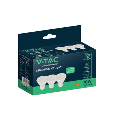 Vt-271 LED spotlys 10W GU10 - med melkefarget deksel, 3000K, 3 stk./pakke