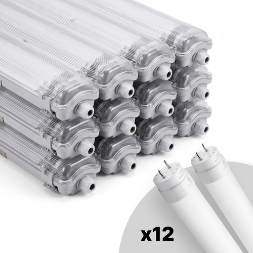 12x Limea T8 LED dobbeltarmatur - Inkl. 24W 150cm LED rør, IP65 vanntett
