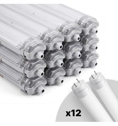 12x Limea T8 LED dobbeltarmatur - Inkl. 24W 150cm LED rør, IP65 vanntett