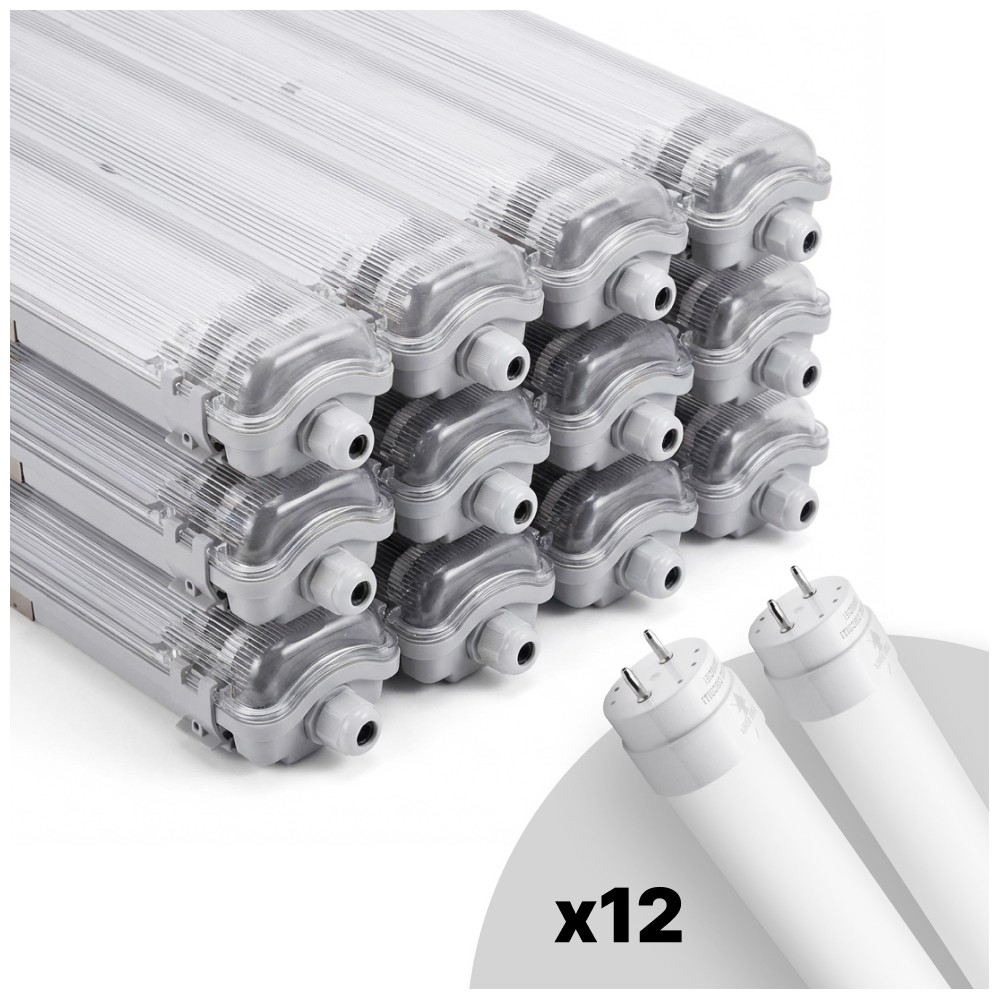 12 stk. Limea T8 LED dobbeltarmatur - Inkl. 24x18,5W 120cm LED-rør, IP65 vanntett - Dimbar : Ikke dimbar, Kulør : Varm