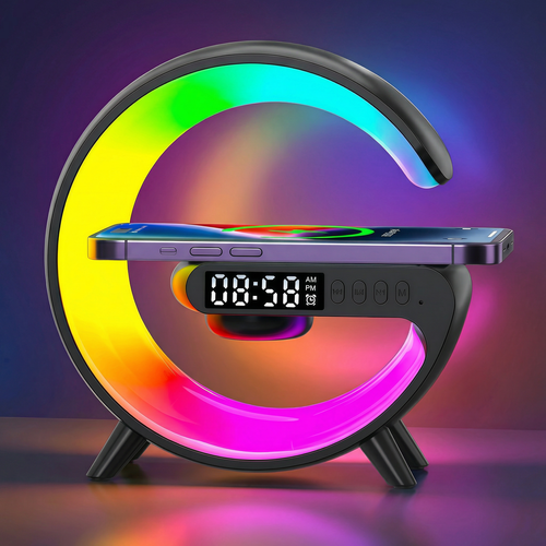 Liten G-formet RGBIC-lampe - Trådløs lader, 14,5x14cm, Sort, Bluetooth, 5V USB