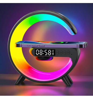 Liten G-formet RGBIC-lampe - Trådløs lader, 14,5x14cm, Sort, Bluetooth, 5V USB