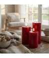 LED-kubbelys Ø7,5cm, 3-pk, smelte-look, flammeeffekt - Inkl. fjernkontroll og timer, 10/12,5/15cm høy, ekte voks, bordeauxrød