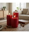 LED-kubbelys Ø7,5cm, 3-pk, smelte-look, flammeeffekt - Inkl. fjernkontroll og timer, 10/12,5/15cm høy, ekte voks, bordeauxrød