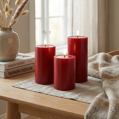 LED blokklys Ø7,5cm, 3stk, smelte-look, flammeeffekt - bordeauxrød