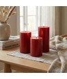 LED-kubbelys Ø7,5cm, 3-pk, smelte-look, flammeeffekt - Inkl. fjernkontroll og timer, 10/12,5/15cm høy, ekte voks, bordeauxrød