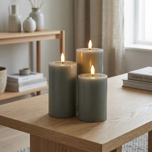 Sett med 3 stk. LED-kubbelys, grønn - Ø7,5cm, 10/12,5/15cm høy, fungerer m. fjernkontroll, timer, ekte stearin