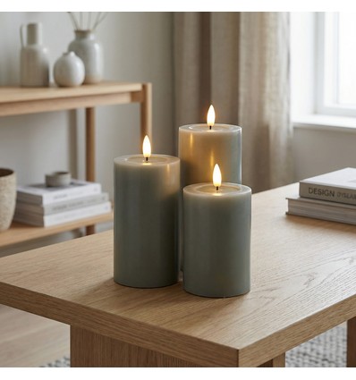 Sett med 3 stk. LED-kubbelys, grønn - Ø7,5cm, 10/12,5/15cm høy, fungerer m. fjernkontroll, timer, ekte stearin