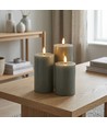 Sett med 3 stk. LED-kubbelys, grønn - Ø7,5cm, 10/12,5/15cm høy, fungerer m. fjernkontroll, timer, ekte stearin