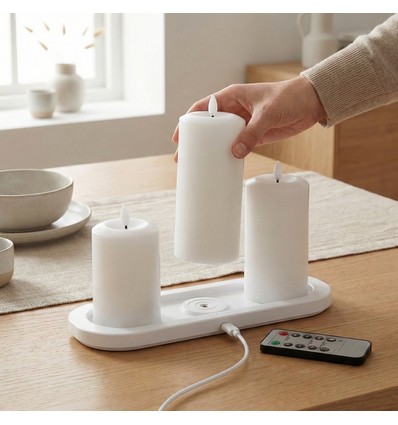 3-pak hvite LED blokklys inkl. ladebase - Ø7,5cm, 10/12,5/15 cm høy, inkl. fjernk., timer