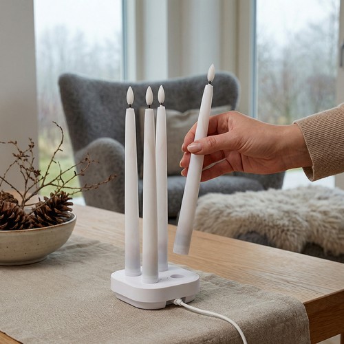 4-pakning hvite LED-stearinlys inkl. ladebase - Ø2cm, Høyde: 25cm, kronelys, inkl. fjernkontroll, timer