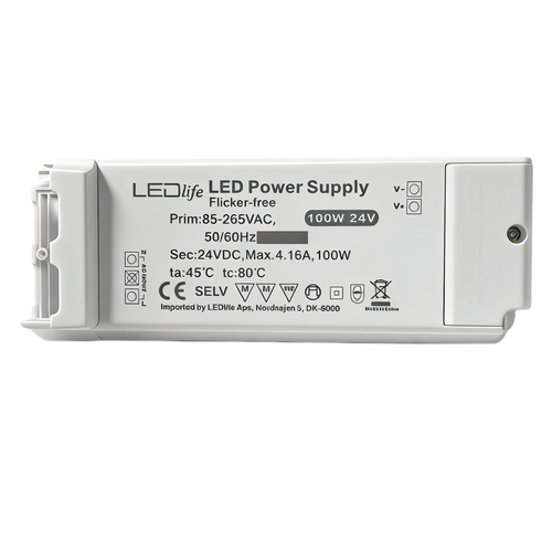 100W / 24V DC strømforsyning - 4,16A, IP20 innendørs, Flicker free
