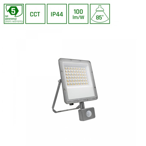 50W NOCTIS MAX CCT lyskaster med sensor - IP44, PIR-sensor, 3 lysfarger, grå finish