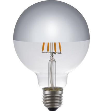 E27 4W dimbar LED globepære - G95, toppforsølvet, filament, 2500K, sølvspeil