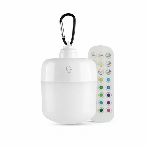 Oppladbar LED-lampe RGBW - Magnetisk & USB-C, inkl. fjernkontroll & karabinkrok
