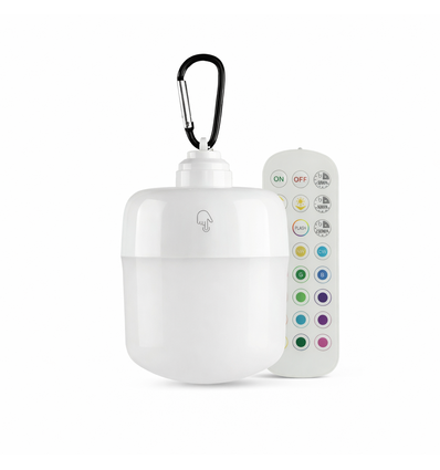 Oppladbar RGBW LED-lampe - Magnetisk & USB-C, inkl. fjernkontroll & karabinkrok