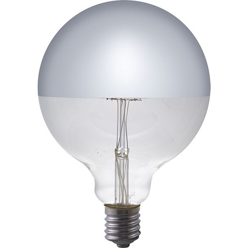 E27 6,5W dimbar LED-kronepære - G125, toppforsølvet, filament, 2500K, sølv finish