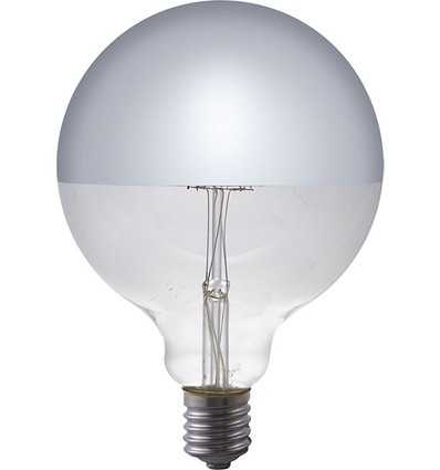 E27 6,5W dimbar LED-kronepære - G125, toppforsølvet, filament, 2500K, sølv finish