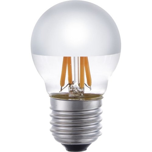 E27 4W dimbar LED kronepære - G45, Filament, Toppforsølvet, 2500K, Sølv