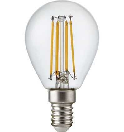 E14 4,7W dimbar LED kronepære - G45, filament, klart glass, 2700K