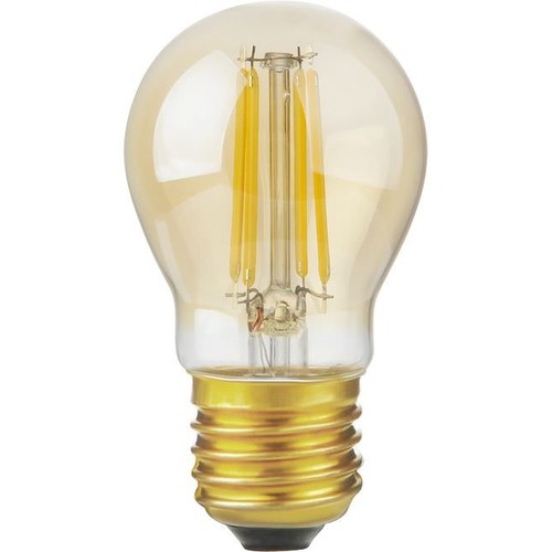 E27 4,7W dimbar LED kronepære - G45, filament, gyllent glass, 2200K, 470lm