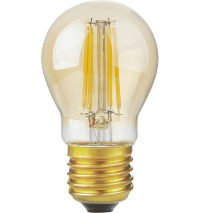 E27 4,7W dimbar LED kronepære - G45, filament, gyllent glass, 2200K, 470lm