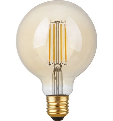 E27 4,7W dimbar LED globepære - G95, filament, 2200K, gullfarget glass
