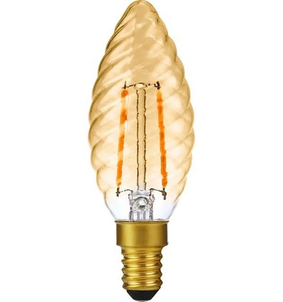 E14 2W dimbar LED kronepære - Twisted Candle, 2000K, Gold, filament