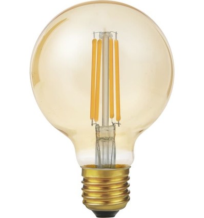E27 6,5W dimbar LED globepære - G80, 550lm, filament, 2200K, gullfarget glass