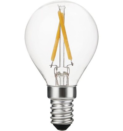E14 2W dimbar LED kronepære - G45, filament, 2500K, klart glass