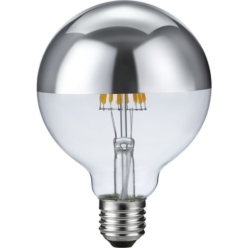 E27 6,5W dimbar LED kronepære - G95, toppforsølvet, filament, 2500K, sølv topp, 470lm