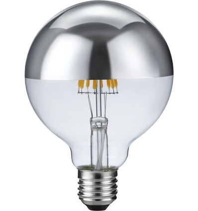 E27 6,5W dimbar LED kronepære - G95, toppforsølvet, filament, 2500K, sølv topp, 470lm
