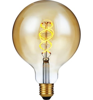 E27 5W dimbar LED filamentpære - G125, Double Helix, 300lm, 2000K, gullglass