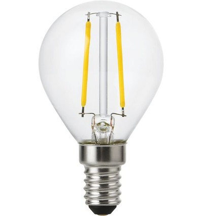 E14 2W dimbar LED kronepære - G45, filament, klart glass, 2700K