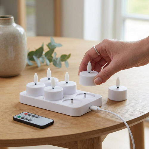 6-pakning hvite LED-telys inkl. ladebase - Inkl. fjernkontroll, timer