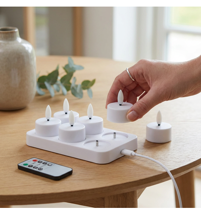 6-pakning hvite LED-telys inkl. ladebase - Inkl. fjernkontroll, timer