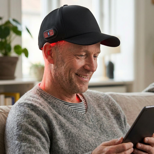 Rødlysterapi-caps m/batteri - Trådløs, USB-C lading, rødt og nær-infrarødt lys