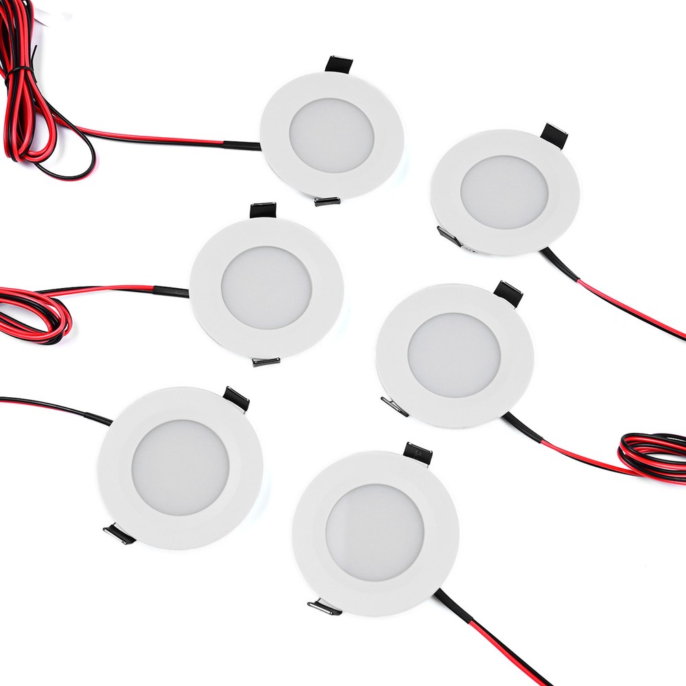 6 stk. 12V downlight - 2,5W, rund, inkl. hullsag og quick connector, til båt mm. - Dimbar : Dimbar, Kulør : Varm