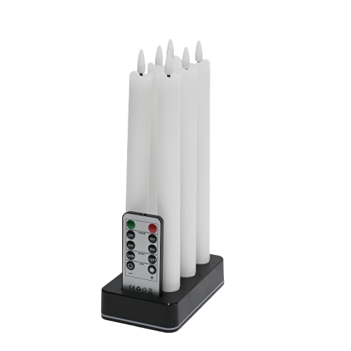 6-pak hvite LED-stearinlys inkl. ladebase - Ø2cm, H: 25cm, kronelys, inkl. fjernkontroll, timer