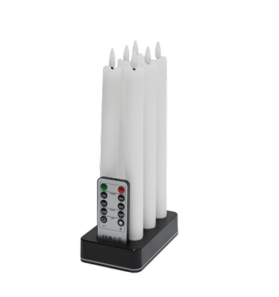 6-pak hvite LED-stearinlys inkl. ladebase - Ø2cm, H: 25cm, kronelys, inkl. fjernkontroll, timer