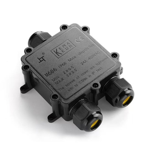 Sort rund koblingsboks, 5 ledere - For sammenkobling av ledninger, DALI/1-10V dimming, IP68 vanntett