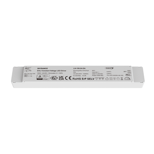 Lifud 150W / 24V DC dimbar strømforsyning - 6.25A, IP20, DALI-grensesnitt + push dim, flicker free