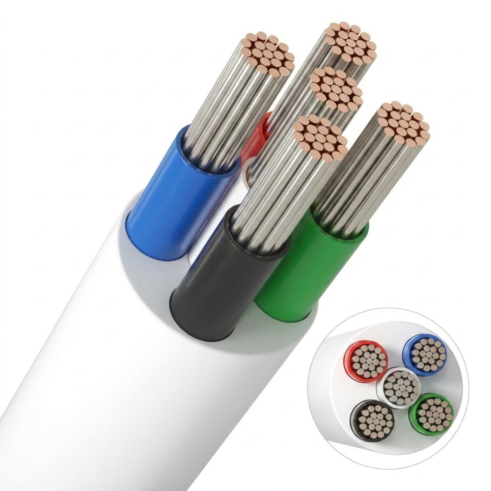 10m RGBW kabel, hvit rund - 5x0,35mm², 12V-24V til LED-strip
